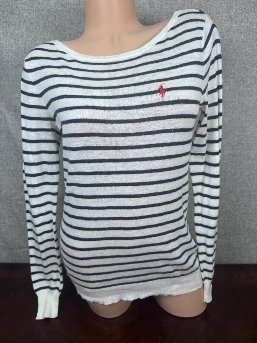 Ralph Lauren Sport Womens Medium Striped Sweater Navy White Cotton Linen
